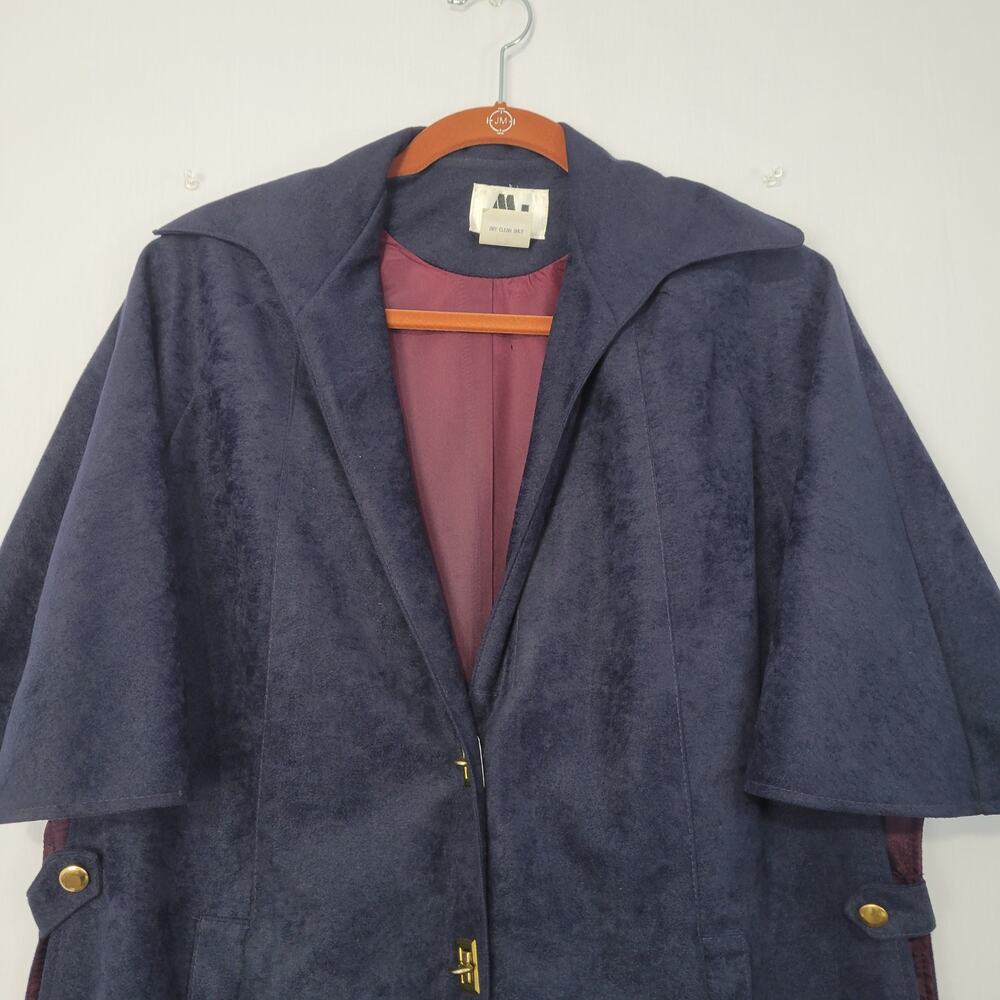 Vintage 70s Cape Style Coat Jacket sz L Blue Gold Retro Campus Intellectual USA - Picture 2 of 9